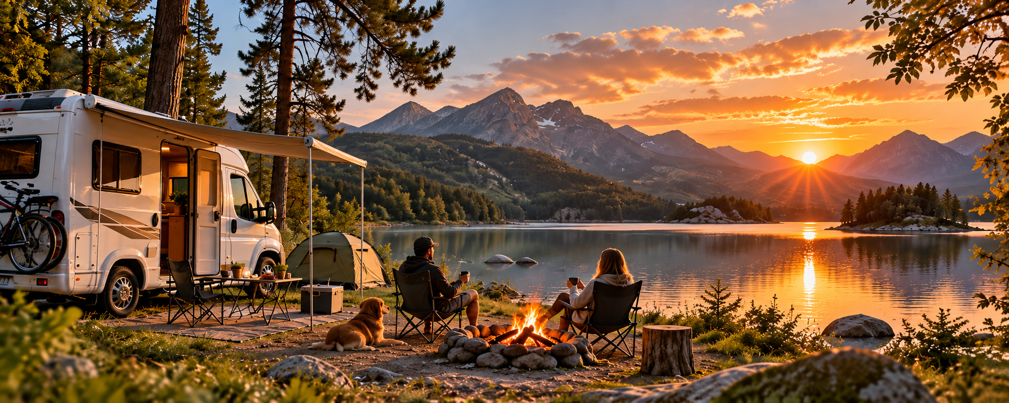 Camper bij een meer tijdens zonsondergang